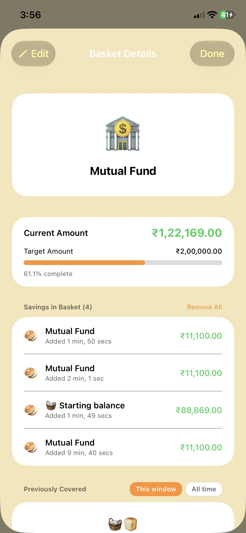 A Mutual Fund basket in LOAF, 61.1% of the way to its ₹2,00,000 target, with the savings that went into it listed below.