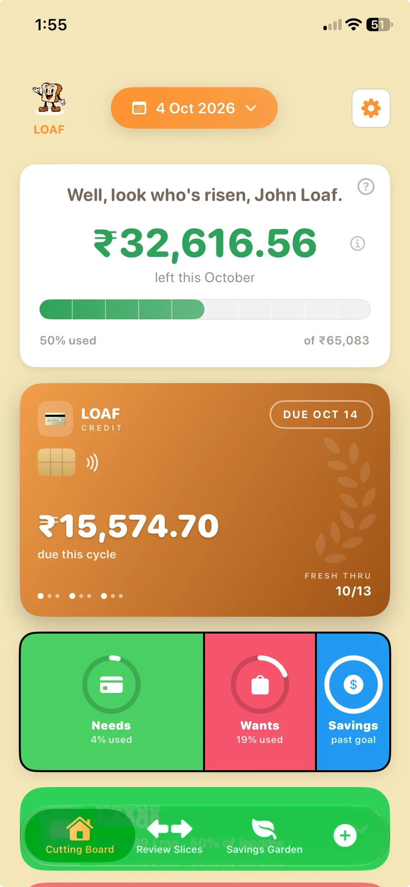 The Cutting Board in LOAF, with ₹32,616.56 left this October, a ₹15,574.70 card bill due on 14 October, and tiles for Needs, Wants and Savings.