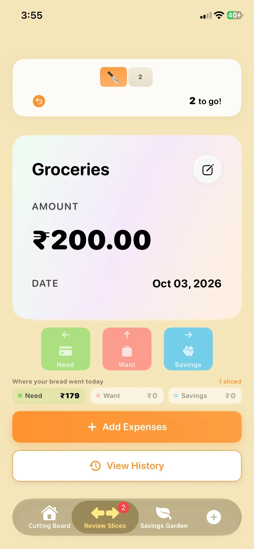 Review Slices in LOAF, with a ₹200 grocery expense waiting to be sorted and Need, Want and Savings buttons underneath.